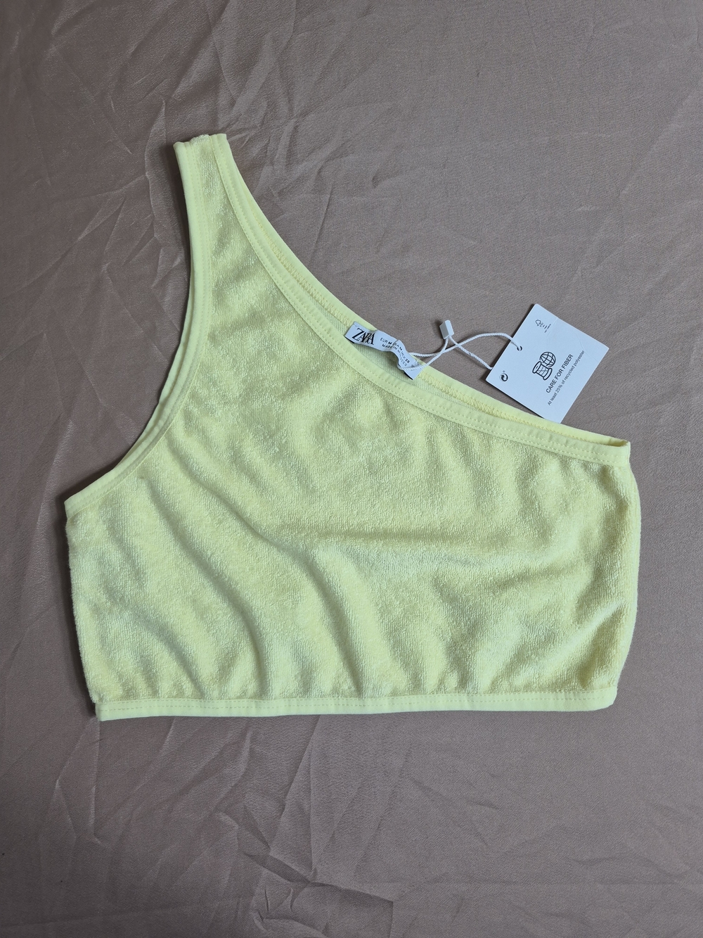 Zara Light Yellow Terrycloth One-Shoulder Crop Top NWT, Medium